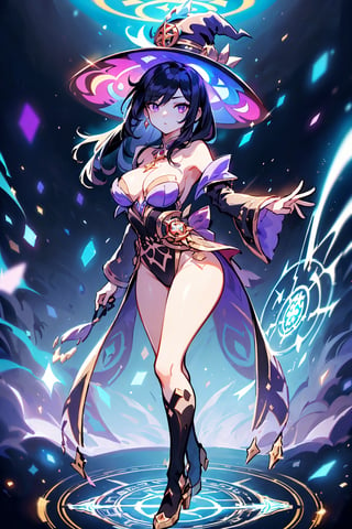 (((Standing in the middle of a magic circle lights around floating hair flying, invoking magic))), moonlight, (((long black-hair))), ((light purple eyes)), ((1 sexy girl)), large breasts, best quality, extremely detailed, HD, 8k, 1girl, background forest darkness with lights, mona_(genshin_impact), background high detailed, mona_(genshin_impact), with magic hat, witches_hat, hair highest detailed, flower and lefts around, loose hair, eyes detailed, eyes highest detailed, eyes perfect, face with detailed, face beautiful ,glitter,more detail, full_body 