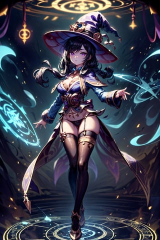 (((Standing in the middle of a magic circle lights around floating hair flying, invoking magic))), moonlight, (((long black-hair))), ((light purple eyes)), ((1 sexy girl)), large breasts, best quality, extremely detailed, HD, 8k, 1girl, background forest darkness with lights, mona_(genshin_impact), background high detailed, mona_(genshin_impact), with magic hat, witches_hat, hair highest detailed, flower and lefts around, loose hair, eyes detailed, eyes highest detailed, eyes perfect, face with detailed, face beautiful ,glitter,more detail, full_body, body complete , hands detailed, panty_hose dark with details golden