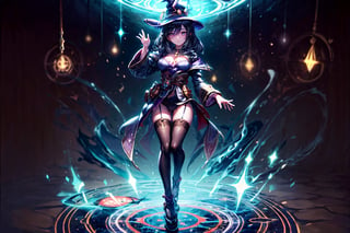 (((Standing in the middle of a magic circle lights around floating hair flying, invoking magic))), moonlight, (((long black-hair))), ((light purple eyes)), ((1 sexy girl)), large breasts, best quality, extremely detailed, HD, 8k, 1girl, background forest darkness with lights, mona_(genshin_impact), background high detailed, mona_(genshin_impact), with magic hat, witches_hat, hair highest detailed, flower and lefts around, loose hair, eyes detailed, eyes highest detailed, eyes perfect, face with detailed, face beautiful ,glitter,more detail, full_body, body complete , hands detailed, panty_hose dark with details golden, joint plan