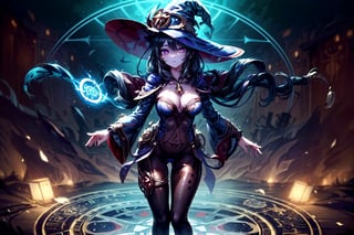 (((Standing in the middle of a magic circle lights around floating hair flying, invoking magic))), moonlight, (((long black-hair))), ((light purple eyes)), ((1 sexy girl)), large breasts, best quality, extremely detailed, HD, 8k, 1girl, background forest darkness with lights, mona_(genshin_impact), background high detailed, mona_(genshin_impact), with magic hat, witches_hat, hair highest detailed, flower and lefts around, loose hair, eyes detailed, eyes highest detailed, eyes perfect, face with detailed, face beautiful ,glitter,more detail, full_body, body complete , hands detailed, panty_hose dark with details golden, joint plan