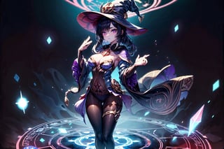 (((Standing in the middle of a magic circle lights around floating hair flying, invoking magic))), moonlight, (((long black-hair))), ((light purple eyes)), ((1 sexy girl)), large breasts, best quality, extremely detailed, HD, 8k, 1girl, background forest darkness with lights, mona_(genshin_impact), background high detailed, mona_(genshin_impact), with magic hat, witches_hat, hair highest detailed, flower and lefts around, loose hair, eyes detailed, eyes highest detailed, eyes perfect, face with detailed, face beautiful ,glitter,more detail, full_body, body complete , hands detailed, panty_hose dark with details golden