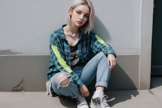 Girl portrait, Pajaritito490 style. Line and ink color drawing, 1girl, solo, grunge fashion, distressed jeans, oversized ripped flannel shirt layered over graphic band t-shirt, overalls, worn sneakers with neon accessories, gray eyes, pale skin, looking at viewer ,