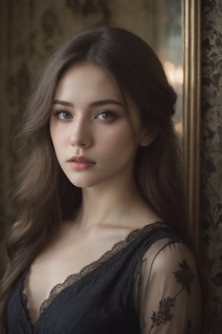 Beautiful female model with long hair, charming eyes, melancholy expression, close-up of upper body, real skin, aesthetic portrait. She is in a dimly lit room with vintage decor, featuring faded wallpaper and an old, ornate mirror. She is wearing a flowing, dark-colored dress with lace details, which enhances the melancholic atmosphere.
