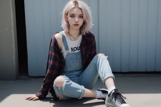 Girl portrait, Pajaritito490 style. Line and ink color drawing, 1girl, solo, grunge fashion, distressed jeans, oversized ripped flannel shirt layered over graphic band t-shirt, overalls, worn sneakers with neon accessories, gray eyes, pale skin, looking at viewer ,