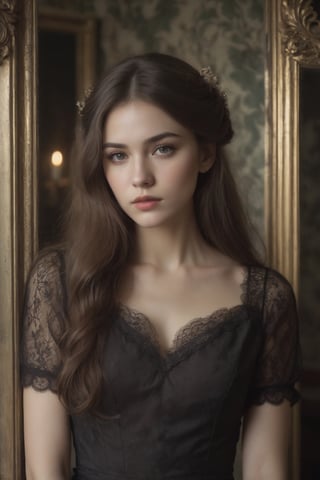 Beautiful female model with long hair, charming eyes, melancholy expression, close-up of upper body, real skin, aesthetic portrait. She is in a dimly lit room with vintage decor, featuring faded wallpaper and an old, ornate mirror. She is wearing a flowing, dark-colored dress with lace details, which enhances the melancholic atmosphere.
