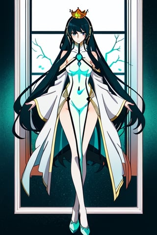 Beautiful Magical forest quardian, tall red head lady, beautiful, silver body outfit, long hair, glass shoes, giant glass crown, high quality art ,Yae Miku,anime