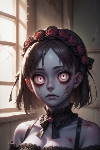 Score_9, Score_8_up, Score_7_up, volumetric_lighting, chiaroscuro_lighting, 1girl, gothic_lolita, (portrait), ((zombie)), empty_eyes, (dark_room_background), looking_at_viewer, 