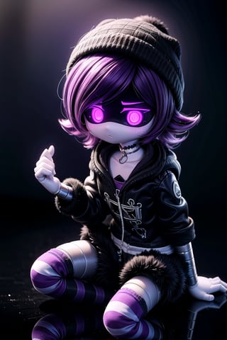 Score_9, Score_8_up, (masterpiece, best_quality, volumetric_lighting, absurdres, 8k, chiaroscuro_lighting, Saturated_colors), (white_metal_skin, black_fiberglass_visor_with_holographic_purple_eyes),  purple hair, black hat, beanie, bangs, necklace, jewelry, short hair, choker, shorts, skirt, black_hoodie, shiny, collarbone, black_and_purple_striped_high_socks, Uzi,