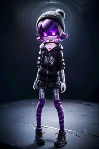 (masterpiece, best_quality, volumetric_lighting, absurdres, 8k, chiaroscuro_lighting, Saturated_colors), (white_metal_skin, black_fiberglass_visor_with_holographic_purple_eyes),  purple hair, black hat, beanie, bangs, necklace, jewelry, short hair, choker, shorts, skirt, black_hoodie, shiny, collarbone, black_and_purple_striped_high_socks, Uzi,