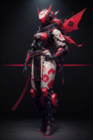 (masterpiece, best quality, volumetric lighting, absurdres, 8k, chiaroscuro lighting, Saturated_colors, intricately_detailed, Shinobitech), wide_hips, (1_girl, white_metal_body, faceless, edgerunner, robot_girl, red_neon_trim, helmet_with_red_visor, ponytail), blad4