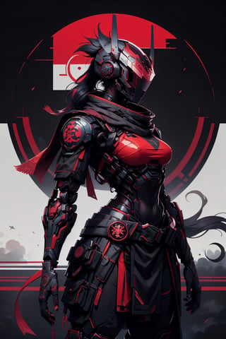 (masterpiece, best quality, volumetric lighting, absurdres, 8k, chiaroscuro lighting, Saturated_colors, intricately_detailed, Shinobitech), wide_hips, (1_girl, white_metal_body, faceless, edgerunner, robot_girl, red_neon_trim, helmet_with_red_visor, ponytail), blad4