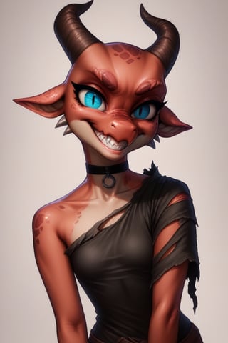 Score_9, Score_8_up, Score_7_up, volumetric_lighting, chiaroscuro_lighting, Saturated_colors, 1girl, kobold, damaged, intense_stare, defiant, teasing, grin, tattered_outfit, choker, expressive_eyes, skinny, (fantasy_background), flat_chest, realistic