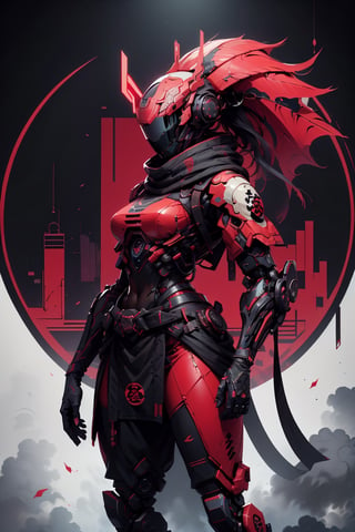 (masterpiece, best quality, volumetric lighting, absurdres, 8k, chiaroscuro lighting, Saturated_colors, intricately_detailed, Shinobitech), wide_hips, (1_girl, white_metal_body, faceless, edgerunner, robot_girl, red_neon_trim, helmet_with_red_visor, ponytail), blad4