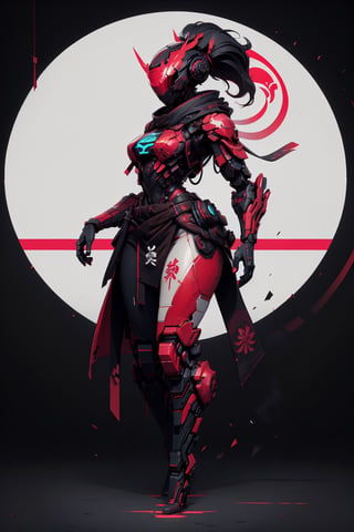 (masterpiece, best quality, volumetric lighting, absurdres, 8k, chiaroscuro lighting, Saturated_colors, intricately_detailed, Shinobitech), wide_hips, (1_girl, white_metal_body, faceless, edgerunner, robot_girl, red_neon_trim, helmet_with_red_visor, ponytail), blad4