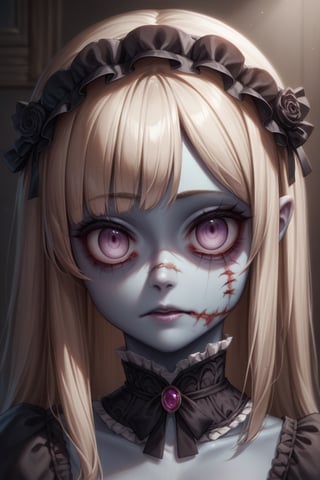 Score_9, Score_8_up, Score_7_up, volumetric_lighting, chiaroscuro_lighting, 1girl, gothic_lolita, (portrait), ((zombie)), empty_eyes, (dark_room_background), looking_at_viewer, 