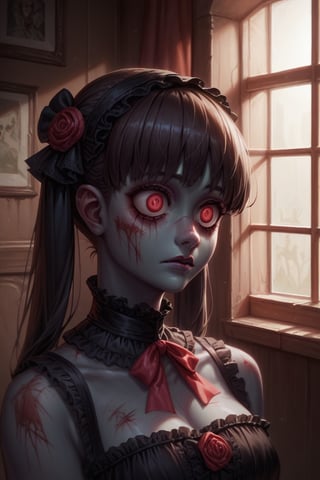 Score_9, Score_8_up, Score_7_up, volumetric_lighting, chiaroscuro_lighting, 1girl, gothic_lolita, (portrait), ((zombie)), expresionless, empty_eyes, (dark_room_scenery), 