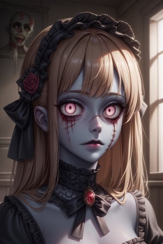 Score_9, Score_8_up, Score_7_up, volumetric_lighting, chiaroscuro_lighting, 1girl, gothic_lolita, (portrait), ((zombie)), empty_eyes, (dark_room_background), looking_at_viewer, 