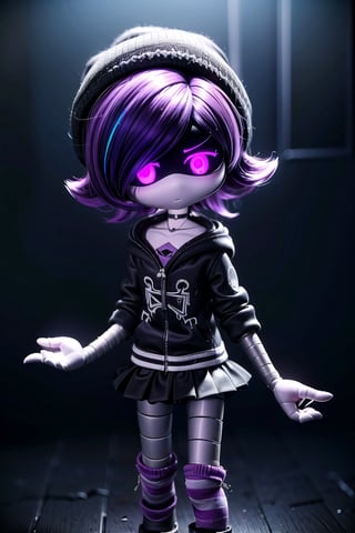 (masterpiece, best_quality, volumetric_lighting, absurdres, 8k, chiaroscuro_lighting, Saturated_colors), (white_metal_skin, black_fiberglass_visor_with_holographic_purple_eyes),  purple hair, black hat, beanie, bangs, necklace, jewelry, short hair, choker, shorts, skirt, black_hoodie, shiny, collarbone, black_and_purple_striped_high_socks, Uzi,