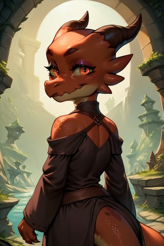 Score_9, Score_8_up, Score_7_up, volumetric_lighting, chiaroscuro_lighting, dramatic_shading, Saturated_colors, 1girl, kobold, scalie, wizard, looking_at_viewer, smug, (gorgeous_eyes, feminine_eyelashes), shortstack, (fantasy_background), realistic