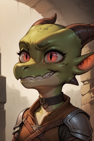 Score_9, Score_8_up, Score_7_up, volumetric_lighting, chiaroscuro_lighting, Saturated_colors, 1girl, kobold, scalie, damaged, intense_stare, defiant, grin, smug, tattered_outfit, choker, expressive_eyes, shortstack, skinny, (fantasy_background), flat_chest, (realistic)