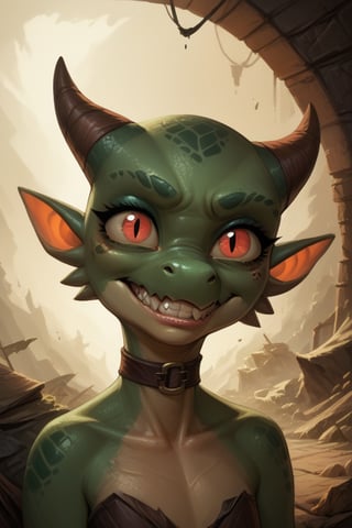 Score_9, Score_8_up, Score_7_up, volumetric_lighting, chiaroscuro_lighting, Saturated_colors, 1girl, kobold, scalie, damaged, intense_stare, defiant, grin, tattered_outfit, choker, expressive_eyes, shortstack, skinny, (fantasy_background), flat_chest, (realistic)