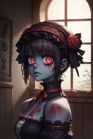 Score_9, Score_8_up, Score_7_up, volumetric_lighting, chiaroscuro_lighting, 1girl, gothic_lolita, (portrait), ((zombie)), empty_eyes, (dark_room_background), looking_at_viewer, 