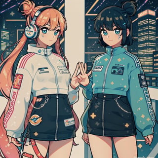 1girl, black hair gradient to red hair, hime hairstyle, double bun, short hair, headphones, skirt, jacket, shorts, soda, futuristic city, (detailed ladscape:1.2), (dynamic_angle:1.2), (dynamic_pose:1.2),(masterpiece:1.2), (best quality, highest quality), (ultra detailed), (8k, 4k, intricate), (cowboy shot:1), (highly detailed:1.2),(detailed face:1),(gradients),(ambient light:1.3),(perfect_anatomy:1.2), cinematic composition, 