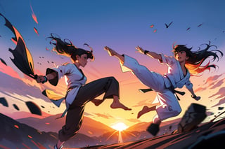 high_res, 2girls, taekwondo, sparring, pubric long black hair, ponytale_hair, wind, white clothes, martial art practise, (((black belt, taekwondo_kicking))), (perfect anatomy, perfect foot, perfect feet), ((sunrise background)), bare foot, human body ratio, full body,fight scene