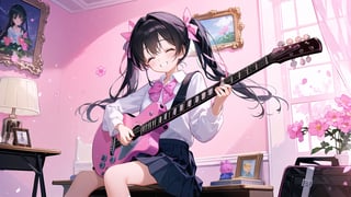 masterpiece, best quality, high quality, extremely detailed CG unity 8k wallpaper, extremely detailed, High Detail, vibrant colors, backlight, photo background, pink tones,

(1girl, solo), long hair, smile, bangs, skirt, black hair, bow, twintails, sitting, school uniform, closed eyes, indoors, low twintails, pink bow, instrument, desk, music, guitar, playing instrument, electric guitar, acoustic guitar

A girl in a school uniform sitting in a pink classroom, playing a pink guitar. The room is decorated with pink tones, a painting of smiling flowers on the wall, and plush toys in the corner,