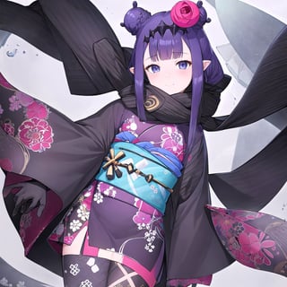 (((best quality, 8k wallpaper))), ((detailed eyes, detailed illustration, masterpiece)),(sea ​​background),ninomae ina'nis inanewyears, haori, print kimono, black scarf, double bun, hair flower, 