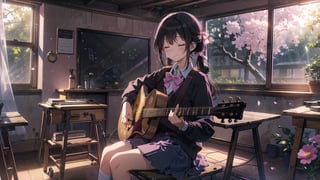 masterpiece, best quality, high quality, extremely detailed CG unity 8k wallpaper, extremely detailed, High Detail, vibrant colors, backlight, photo background, pink tones,

(1girl, solo), long hair, smile, bangs, skirt, black hair, bow, twintails, sitting, school uniform, closed eyes, indoors, low twintails, pink bow, instrument, desk, music, guitar, playing instrument, electric guitar, acoustic guitar

A girl in a school uniform sitting in a pink classroom, playing a pink guitar. The room is decorated with pink tones, a painting of smiling flowers on the wall, and plush toys in the corner,