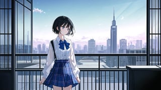 masterpiece, best quality, high quality, extremely detailed CG unity 8k wallpaper, extremely detailed, High Detail, vibrant colors, backlight, photo background,

(1girl, solo), skirt, shirt, black hair, long sleeves, standing, outdoors, solo focus, day, blurry, looking to the side, plaid, blurry background, plaid skirt, walking, a modern building with large glass windows,

A young girl with black short hair standing in front of a modern building with large glass windows, She is wearing a white cardigan, a ribbed white button-up top, and a gray plaid skirt, The sky is clear and blue, The building in the background features curved architecture and reflective glass panels, The overall scene is calm and serene,