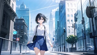 masterpiece, best quality, high quality, extremely detailed CG unity 8k wallpaper, extremely detailed, High Detail, vibrant colors, backlight, photo background,

(1girl, solo), skirt, shirt, black hair, long sleeves, standing, outdoors, solo focus, day, blurry, looking to the side, plaid, blurry background, plaid skirt, walking, a modern building with large glass windows,

A young girl with black short hair standing in front of a modern building with large glass windows, She is wearing a white cardigan, a ribbed white button-up top, and a gray plaid skirt, The sky is clear and blue, The building in the background features curved architecture and reflective glass panels, The overall scene is calm and serene,