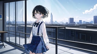 masterpiece, best quality, high quality, extremely detailed CG unity 8k wallpaper, extremely detailed, High Detail, vibrant colors, backlight, photo background,

(1girl, solo), skirt, shirt, black hair, long sleeves, standing, outdoors, solo focus, day, blurry, looking to the side, plaid, blurry background, plaid skirt, walking, a modern building with large glass windows,

A young girl with black short hair standing in front of a modern building with large glass windows, She is wearing a white cardigan, a ribbed white button-up top, and a gray plaid skirt, The sky is clear and blue, The building in the background features curved architecture and reflective glass panels, The overall scene is calm and serene,