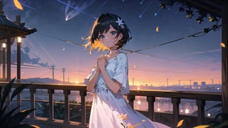 masterpiece, best quality, high quality, extremely detailed CG unity 8k wallpaper, extremely detailed, High Detail, colors, backlight, cute background, dreamy background, ethereal ambiance,

(1girl, solo), looking at viewer, smile, short hair, black hair, hair ornament, dress, flower, outdoors, white dress, own hands together, plant, railing, balcony, (night view:1.5), upper body, standing,

A young girl smiling on a traditional wooden balcony at night, soft warm lighting, greenery in the background, wearing a light-colored dress with a hair accessory, cozy and serene atmosphere, glowing fireflies, starry sky, mystical aura, gently falling petals,