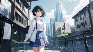 masterpiece, best quality, high quality, extremely detailed CG unity 8k wallpaper, extremely detailed, High Detail, vibrant colors, backlight, photo background,

(1girl, solo), skirt, shirt, black hair, long sleeves, standing, outdoors, solo focus, day, blurry, looking to the side, plaid, blurry background, plaid skirt, walking, a modern building with large glass windows,

A young girl with black short hair standing in front of a modern building with large glass windows, She is wearing a white cardigan, a ribbed white button-up top, and a gray plaid skirt, The sky is clear and blue, The building in the background features curved architecture and reflective glass panels, The overall scene is calm and serene,