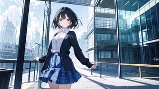 masterpiece, best quality, high quality, extremely detailed CG unity 8k wallpaper, extremely detailed, High Detail, vibrant colors, backlight, photo background,

(1girl, solo), skirt, shirt, black hair, long sleeves, standing, outdoors, solo focus, day, blurry, looking to the side, plaid, blurry background, plaid skirt, walking, a modern building with large glass windows,

A young girl with black short hair standing in front of a modern building with large glass windows, She is wearing a white cardigan, a ribbed white button-up top, and a gray plaid skirt, The sky is clear and blue, The building in the background features curved architecture and reflective glass panels, The overall scene is calm and serene,