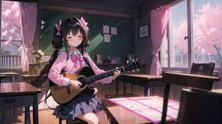 masterpiece, best quality, high quality, extremely detailed CG unity 8k wallpaper, extremely detailed, High Detail, vibrant colors, backlight, photo background, pink tones,

(1girl, solo), long hair, smile, bangs, skirt, black hair, bow, twintails, sitting, school uniform, closed eyes, indoors, low twintails, pink bow, instrument, desk, music, guitar, playing instrument, electric guitar, acoustic guitar

A girl in a school uniform sitting in a pink classroom, playing a pink guitar. The room is decorated with pink tones, a painting of smiling flowers on the wall, and plush toys in the corner,