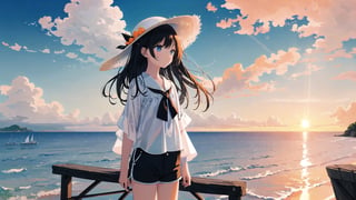 masterpiece, best quality, high quality, extremely detailed CG unity 8k wallpaper, extremely detailed, High Detail, vibrant, colors, backlight, ethereal, dreamy, soft lighting,

(1girl, solo), shirt, black hair, hat, white shirt, outdoors, sky, shorts, water, ocean, white headwear, black shorts, sun hat, sunset, photo background,

A girl standing by the sea during sunset, wearing a white lightweight blouse and black shorts, with a white wide-brimmed straw hat, The background features a calm ocean with multiple boats anchored in the distance, and the sky displaying a beautiful gradient from orange to blue, surrounded by soft clouds and gentle light reflections on the water, giving a serene and magical atmosphere,