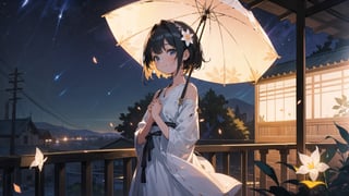 masterpiece, best quality, high quality, extremely detailed CG unity 8k wallpaper, extremely detailed, High Detail, colors, backlight, cute background, dreamy background, ethereal ambiance,

(1girl, solo), looking at viewer, smile, short hair, black hair, hair ornament, dress, flower, outdoors, white dress, own hands together, plant, railing, balcony, (night view:1.5), upper body, standing,

A young girl smiling on a traditional wooden balcony at night, soft warm lighting, greenery in the background, wearing a light-colored dress with a hair accessory, cozy and serene atmosphere, glowing fireflies, starry sky, mystical aura, gently falling petals,