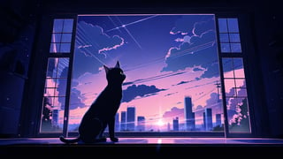 masterpiece, best quality, high quality, backlight, (midjourney), midjourney style, anime style, wallpaper, blue tone, blue background, 

(cat, a black cat, cute, (silhouette)), sitting, sky, cloud, indoors, (no humans:1.5), window, cloudy sky, curtains, scenery, blue sky, open window, windowsill,

A black cat sitting by the window, looking out at a sky transitioning from bright daytime with fluffy white clouds, through a twilight sky with pink and purple hues, to a night sky full of stars and dark clouds, curtains gently framing the view, soft light transitioning from day to night