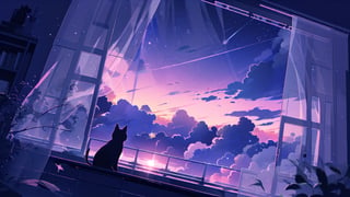 masterpiece, best quality, high quality, backlight, (midjourney), midjourney style, anime style, wallpaper, blue tone, blue background, 

(cat, a black cat, cute, (silhouette)), sitting, sky, cloud, indoors, (no humans:1.5), window, cloudy sky, curtains, scenery, blue sky, open window, windowsill,

A black cat sitting by the window, looking out at a sky transitioning from bright daytime with fluffy white clouds, through a twilight sky with pink and purple hues, to a night sky full of stars and dark clouds, curtains gently framing the view, soft light transitioning from day to night