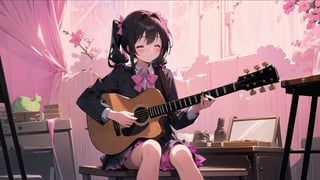 masterpiece, best quality, high quality, extremely detailed CG unity 8k wallpaper, extremely detailed, High Detail, vibrant colors, backlight, photo background, pink tones,

(1girl, solo), long hair, smile, bangs, skirt, black hair, bow, twintails, sitting, school uniform, closed eyes, indoors, low twintails, pink bow, instrument, desk, music, guitar, playing instrument, electric guitar, acoustic guitar

A girl in a school uniform sitting in a pink classroom, playing a pink guitar. The room is decorated with pink tones, a painting of smiling flowers on the wall, and plush toys in the corner,