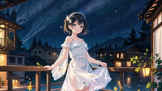 masterpiece, best quality, high quality, extremely detailed CG unity 8k wallpaper, extremely detailed, High Detail, colors, backlight, cute background, dreamy background, ethereal ambiance,

(1girl, solo), looking at viewer, smile, short hair, black hair, hair ornament, dress, flower, outdoors, white dress, own hands together, plant, railing, balcony, (night view:1.5), upper body, standing,

A young girl smiling on a traditional wooden balcony at night, soft warm lighting, greenery in the background, wearing a light-colored dress with a hair accessory, cozy and serene atmosphere, glowing fireflies, starry sky, mystical aura, gently falling petals,