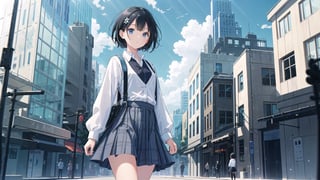 masterpiece, best quality, high quality, extremely detailed CG unity 8k wallpaper, extremely detailed, High Detail, vibrant colors, backlight, photo background,

(1girl, solo), skirt, shirt, black hair, long sleeves, standing, outdoors, solo focus, day, blurry, looking to the side, plaid, blurry background, plaid skirt, walking, a modern building with large glass windows,

A young girl with black short hair standing in front of a modern building with large glass windows, She is wearing a white cardigan, a ribbed white button-up top, and a gray plaid skirt, The sky is clear and blue, The building in the background features curved architecture and reflective glass panels, The overall scene is calm and serene,