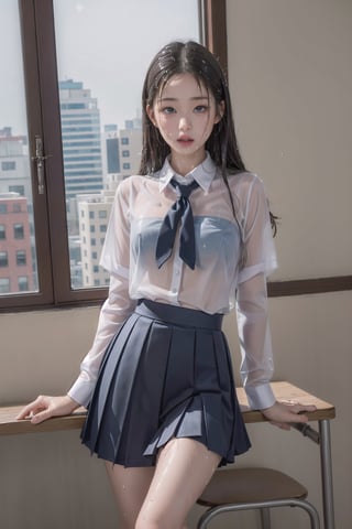 1girl, ((wet school uniform)), pouting,jwy1,((see-through)),30 yo,((shirt_open))