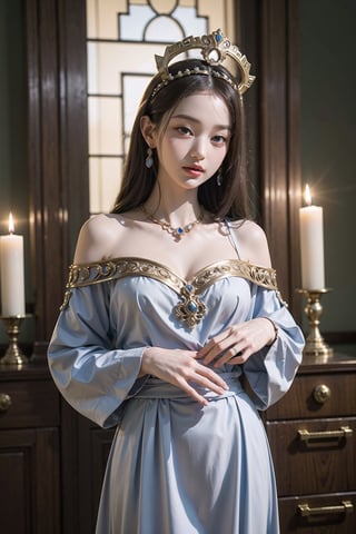 ((in the style of ancient Greek art)), intense colors, like goddesses, intimate, serene, harmonious, sumptuous jewels, flowing clothing, elaborate headdresses, jewelry accents, ornate palaces, soft candles, ornate furniture, historical accuracy, jwy1, perfect ,((hands behind back))