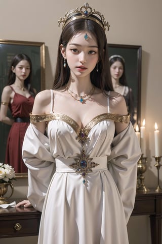 ((in the style of ancient Greek art)), intense colors, like goddesses, intimate, serene, harmonious, sumptuous jewels, flowing clothing, elaborate headdresses, jewelry accents, ornate palaces, soft candles, ornate furniture, historical accuracy, jwy1, perfect ,((hands behind back))