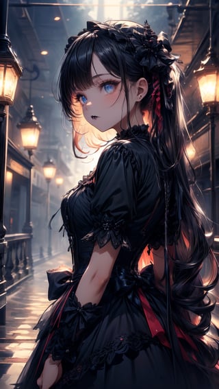 FACE FOCUS, Black HAIRED WOMAN, full body seiza pose, top_view, best quality, masterpiece, beautiful and aesthetic, 16K, (HDR:1.4), high contrast, (vibrant color:0.5), , (tmasterpiece, best:1.2), (LONG_DARK_STRAIGHT_HAIR_HUMAN_GIRL:1.5), perfect hands, gorgeous perfect symmetrical eyes, (wears detailed goth lolita dress:1.5), intricate detailing, finely eye and detailed face, extremely long hair, dark theme, gothic lolita dress, cute face, small breast, Perfect eyes, Equal eyes, Fantastic lights and shadows、 Uses backlight and rim light, huoshen, More Detail, zhurongshi, breakdomain,1 girl,Niji style ,YorForger,yoimiyadef,glitter