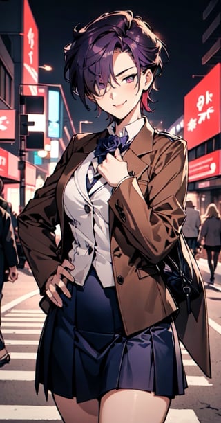 ((rose,rose_decoration)),female_solo,mature_female,medium_breasts,big_hips,full-thighs,narrow_waist,smile,haruka,short hair,purple_hair,bangs cover one eye,(brown_blazer:1.3),opend blazer,pleated_miniskirt,(darkblue_skirt:1.2),
white_shirt,black_stockings,(purple hair with Red Highlights),
standing,one-hand_on_hip,a bag on shoulder,

At the school gate,mature female,night,night street,
Exquisitely designed school uniforms,Tomboy